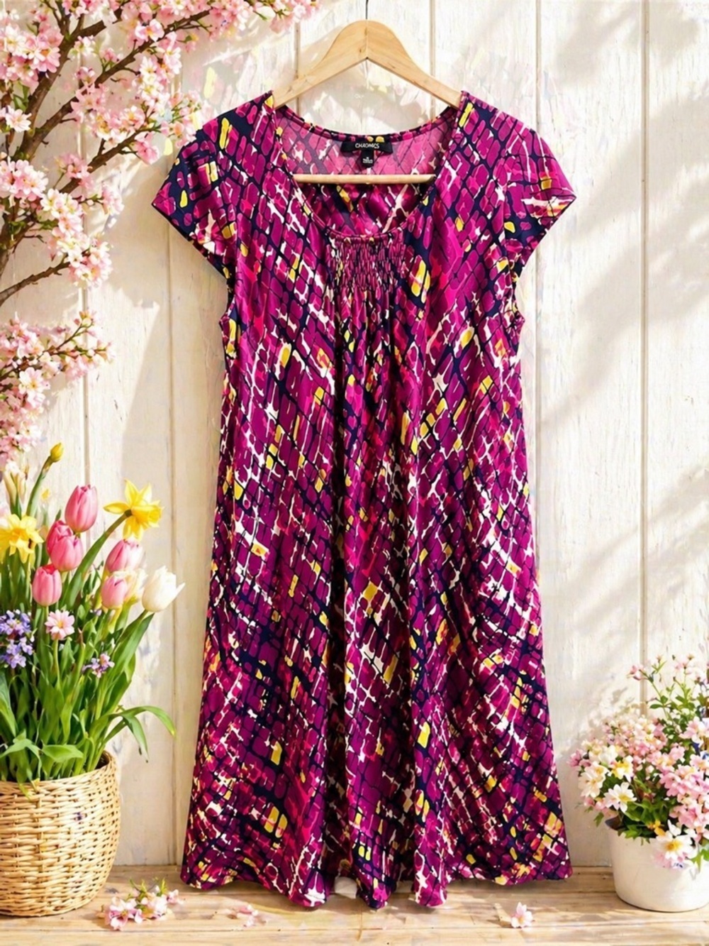 CHADWICKS Magenta & Yellow Patterned Short-Sleeve Midi Dress